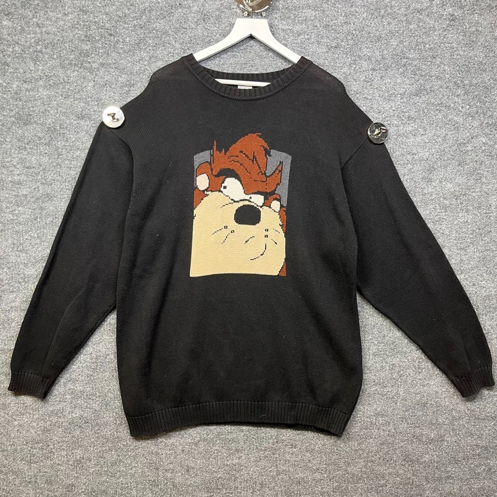 VTG Warner Bros. Taz Sweater Men's Black Knit Graphic Long Sleeve Pullover - XL